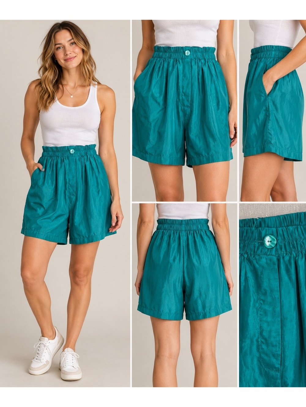 Vintage Island Silk Teal High Waist Silk Shorts with Button Detail